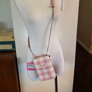New Kate Spade Bradley Pink Gingham Pebbled Leather Phone Crossbody Bag purse
